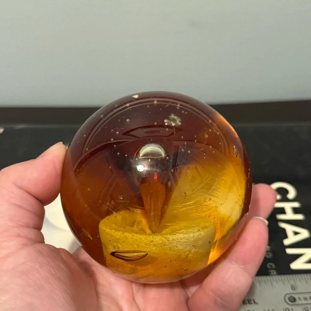 Vintage Glass Paperweight Ball Tornado Bubbles Art Glass in Amber